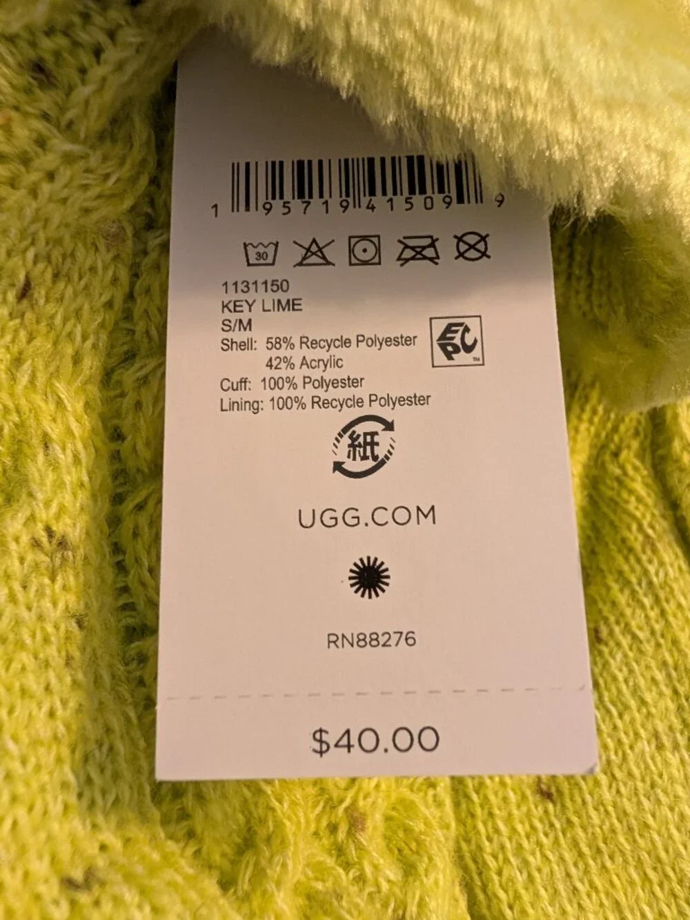 UGG Women's Fleece Lined Rainboot Socks Key Lime ~ S/M